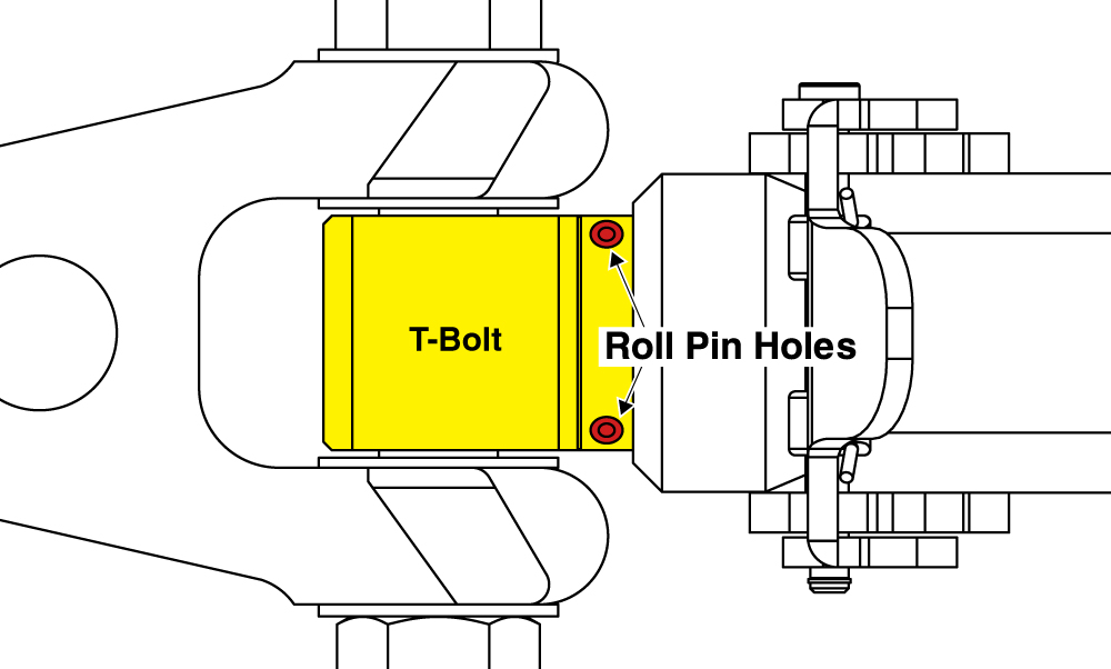Figure 4 — T-bolt assembly with two roll-pin holes (updated design, not affected)